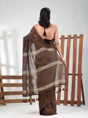 Brown cotton soft saree with stripe pattern 3