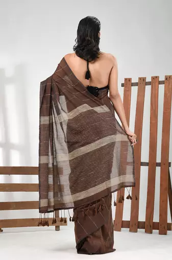 Brown cotton soft saree with stripe pattern