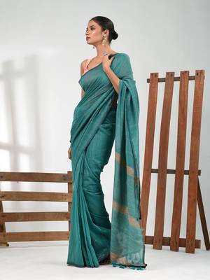 Turqoise blue cotton soft saree with stripe pattern 1