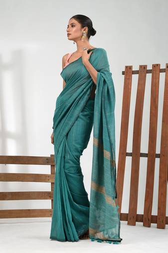 Turqoise blue cotton soft saree with stripe pattern