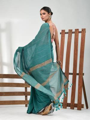 Turqoise blue cotton soft saree with stripe pattern 2