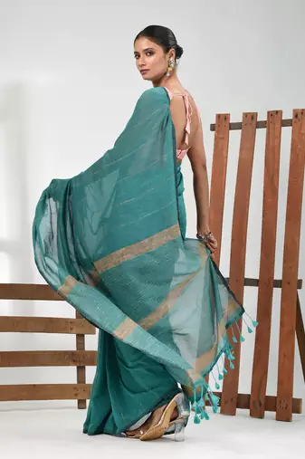 Turqoise blue cotton soft saree with stripe pattern