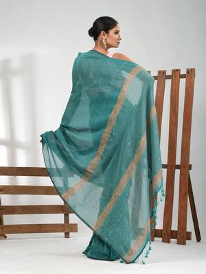 Turqoise blue cotton soft saree with stripe pattern 3