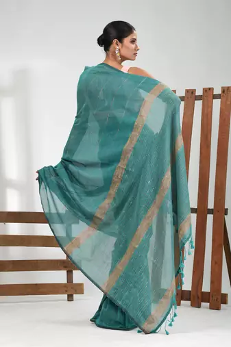 Turqoise blue cotton soft saree with stripe pattern