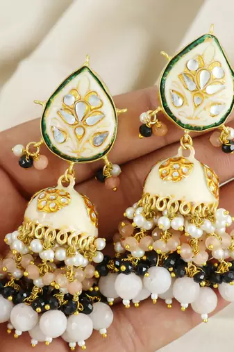 Handmade Enameled Rose Quartz Jhumka Earrings Jewelry