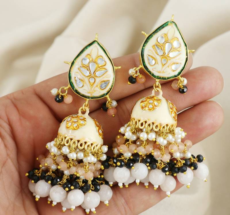 Handmade Enameled Rose Quartz Jhumka Earrings Jewelry