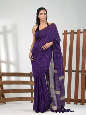 Violet cotton soft saree with stripe pattern 1