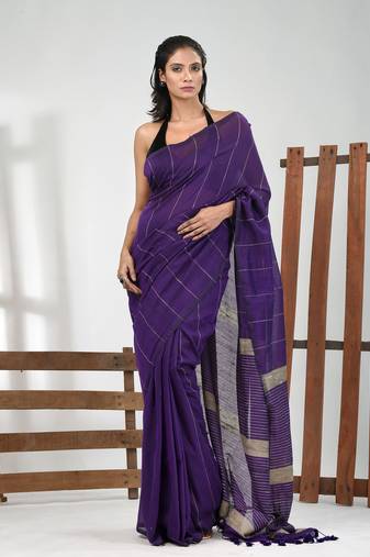 Violet cotton soft saree with stripe pattern