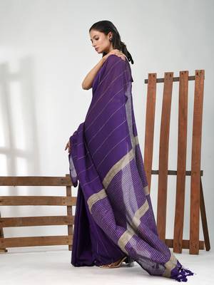 Violet cotton soft saree with stripe pattern 2