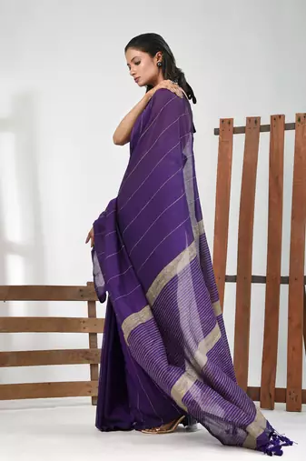 Violet cotton soft saree with stripe pattern