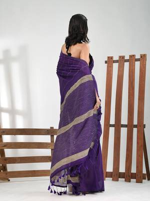 Violet cotton soft saree with stripe pattern 3