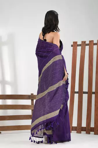 Violet cotton soft saree with stripe pattern