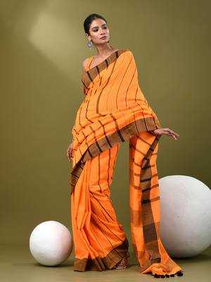 Orange cotton soft saree with stripe pattern 1