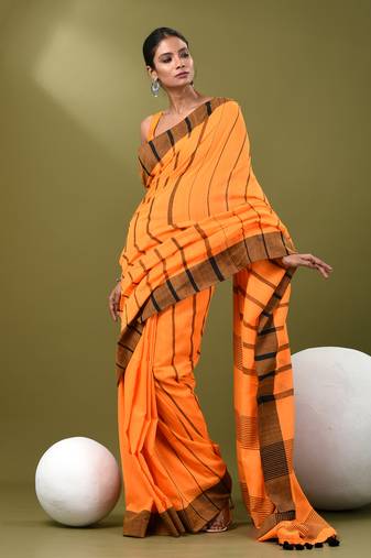 Orange cotton soft saree with stripe pattern