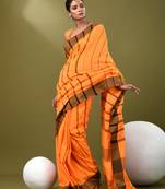 Orange cotton soft saree with stripe pattern
