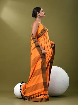 Orange cotton soft saree with stripe pattern 2