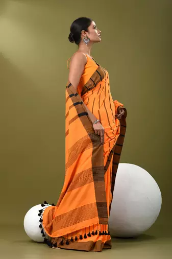 Orange cotton soft saree with stripe pattern