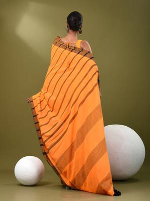Orange cotton soft saree with stripe pattern 3