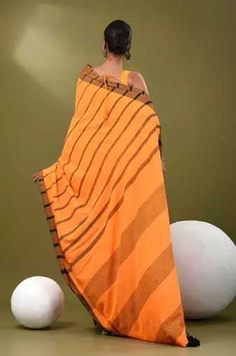 Orange cotton soft saree with stripe pattern