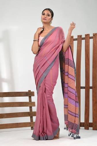 Carnation pink cotton soft saree with stripe pattern