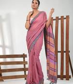 Carnation pink cotton soft saree with stripe pattern
