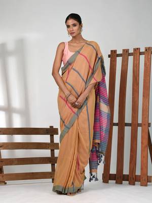 Honey yellow cotton soft saree with stripe pattern 1