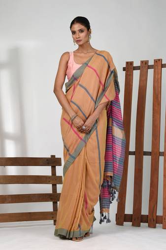 Honey yellow cotton soft saree with stripe pattern