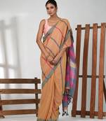 Honey yellow cotton soft saree with stripe pattern