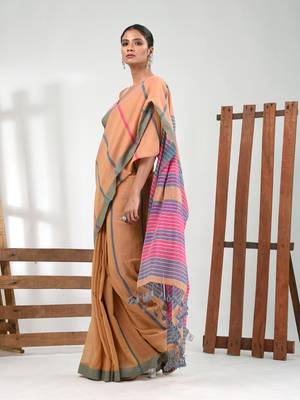 Honey yellow cotton soft saree with stripe pattern 2