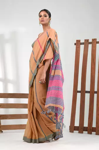 Honey yellow cotton soft saree with stripe pattern