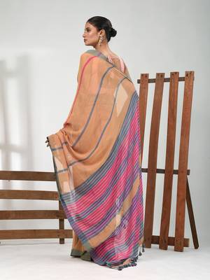 Honey yellow cotton soft saree with stripe pattern 3