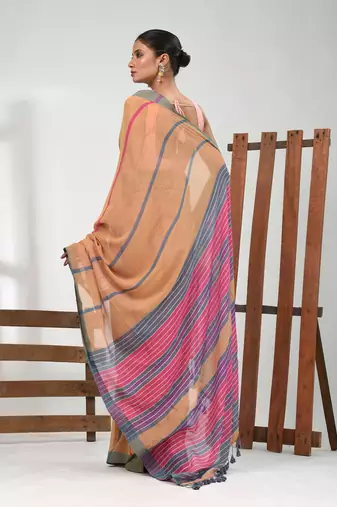 Honey yellow cotton soft saree with stripe pattern