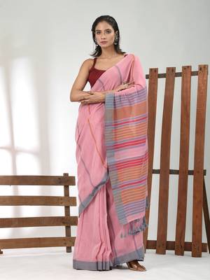 Pink cotton soft saree with stripe pattern 1