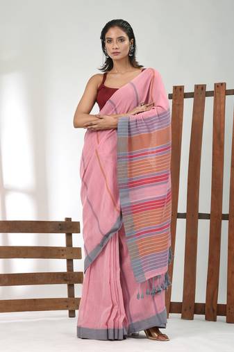 Pink cotton soft saree with stripe pattern