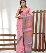 Pink cotton soft saree with stripe pattern
