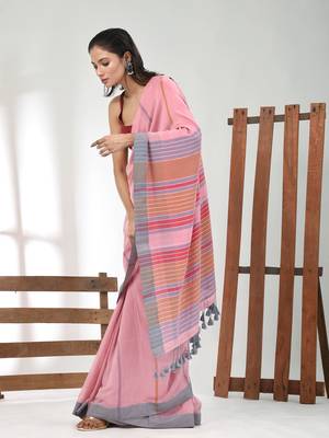 Pink cotton soft saree with stripe pattern 2