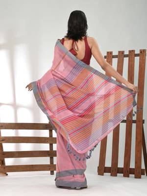 Pink cotton soft saree with stripe pattern 3
