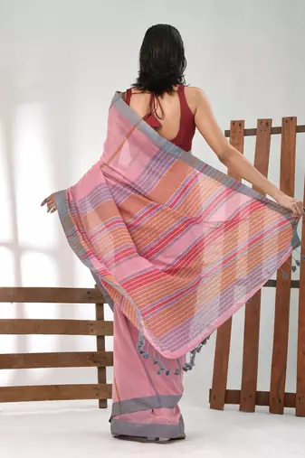 Pink cotton soft saree with stripe pattern
