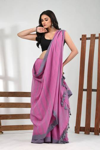 Pink cotton soft saree with stripe pattern