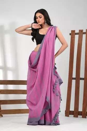 Pink cotton soft saree with stripe pattern