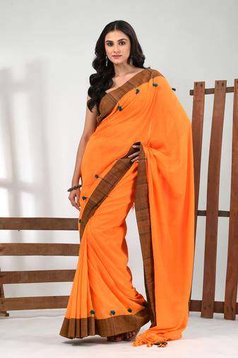 Orange cotton soft saree with solid pattern