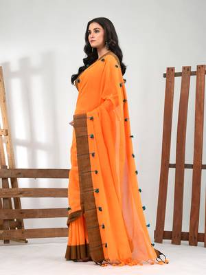 Orange cotton soft saree with solid pattern 2