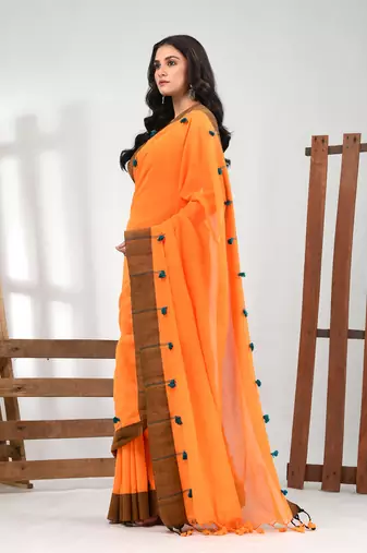 Orange cotton soft saree with solid pattern