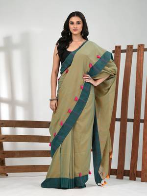 Laurel green cotton soft saree with solid pattern 1