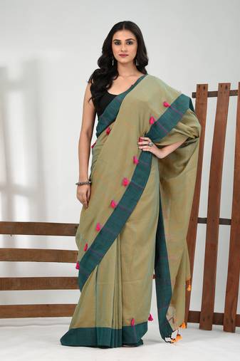Laurel green cotton soft saree with solid pattern