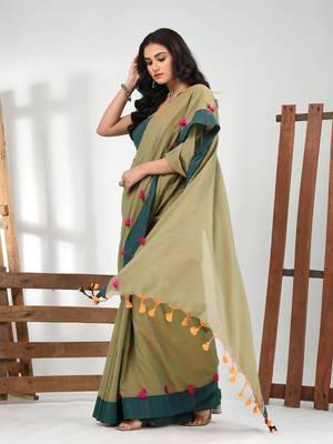 Laurel green cotton soft saree with solid pattern 2