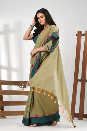 Laurel green cotton soft saree with solid pattern