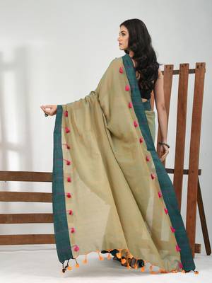 Laurel green cotton soft saree with solid pattern 3