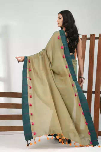Laurel green cotton soft saree with solid pattern