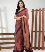 Orange & blue dual tone cotton soft saree with solid pattern